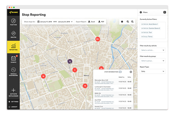 Análisis y reporte de paradas por el rastreador GPS Runic.io