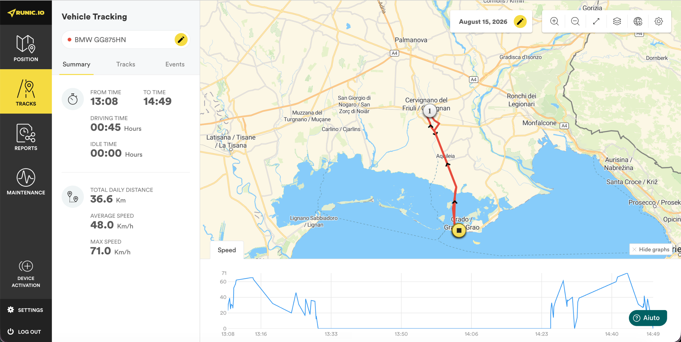 Route analysis in the Runic web portal: every trip, stop and speed profile for the day.