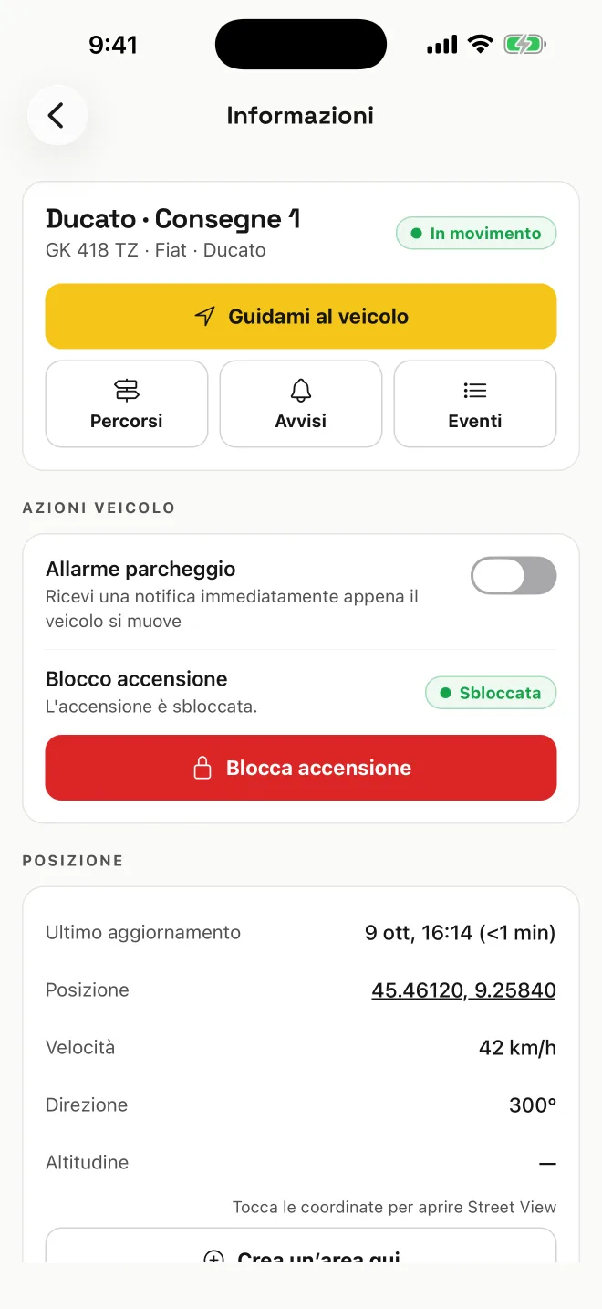 Allarme parcheggio e blocco accensione: Un avviso appena un veicolo parcheggiato si muove, e lo spegnimento dell’accensione da remoto sui localizzatori cablati.
