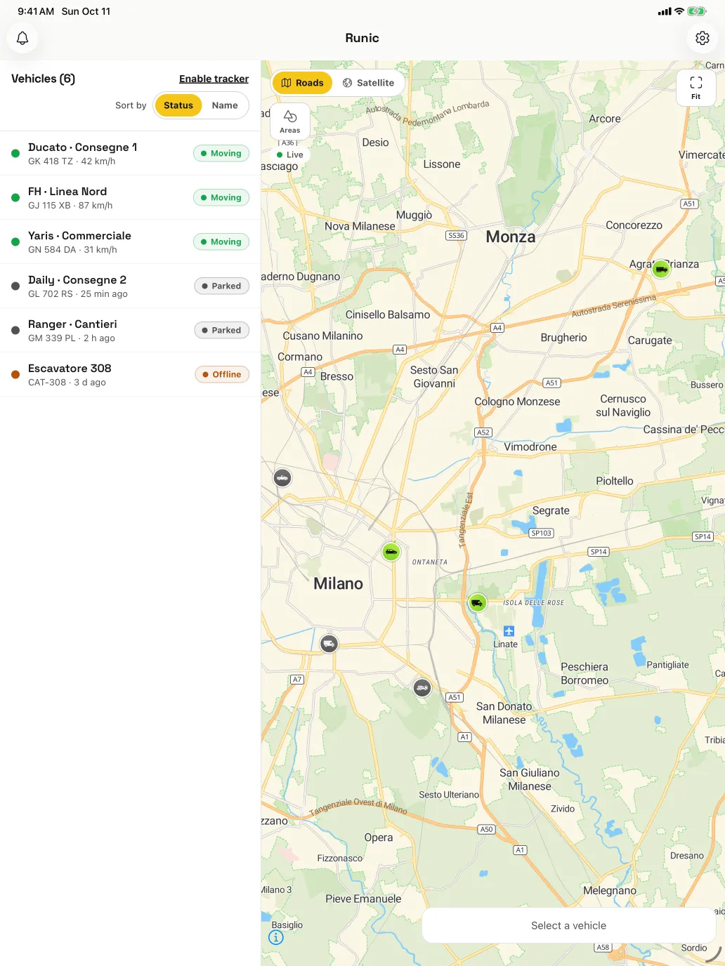 Live map: Current position, speed and status of every vehicle, on road or satellite maps.
