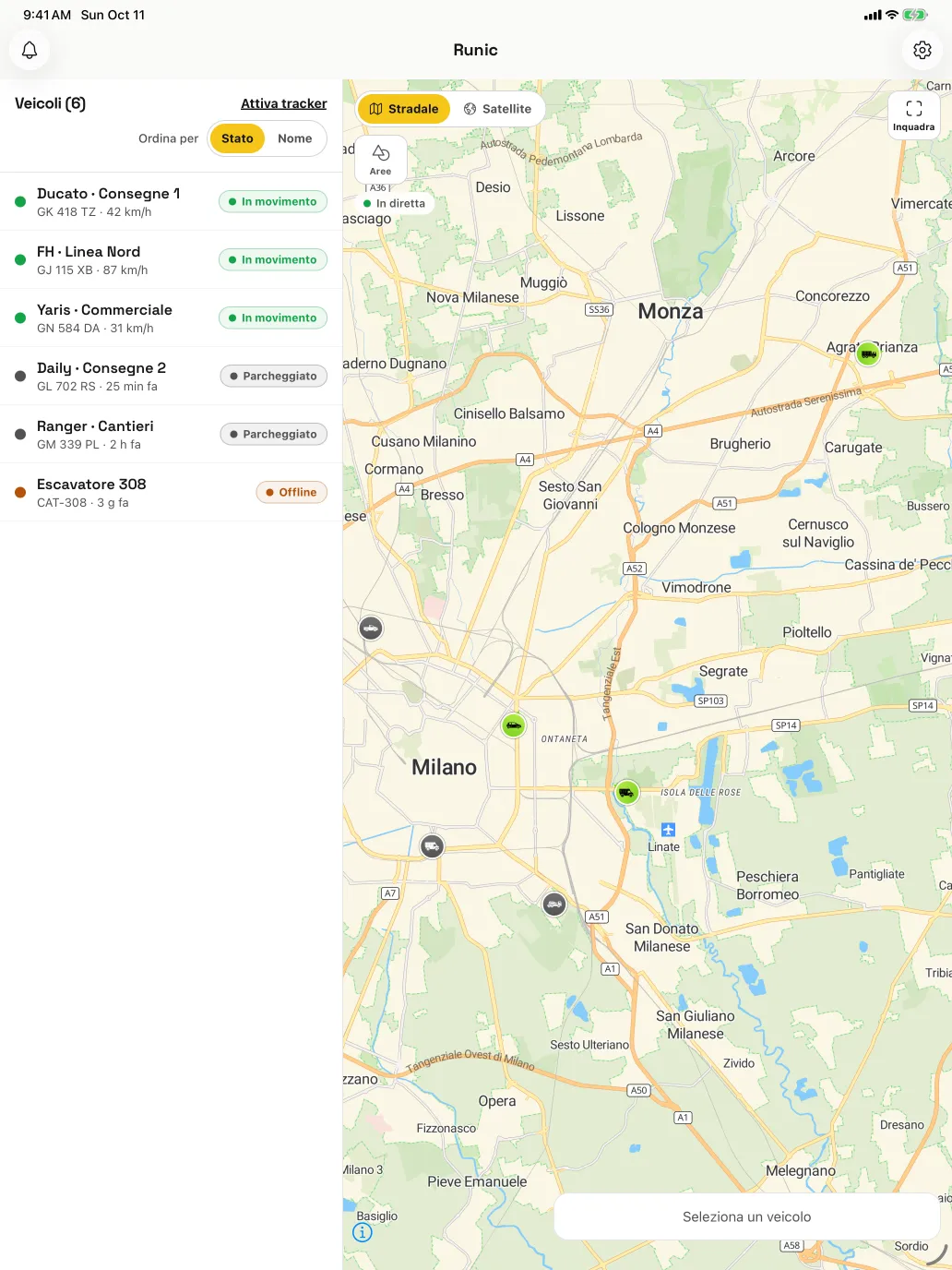 Mappa live: Posizione, velocità e stato attuali di ogni veicolo, su mappa stradale o satellitare.