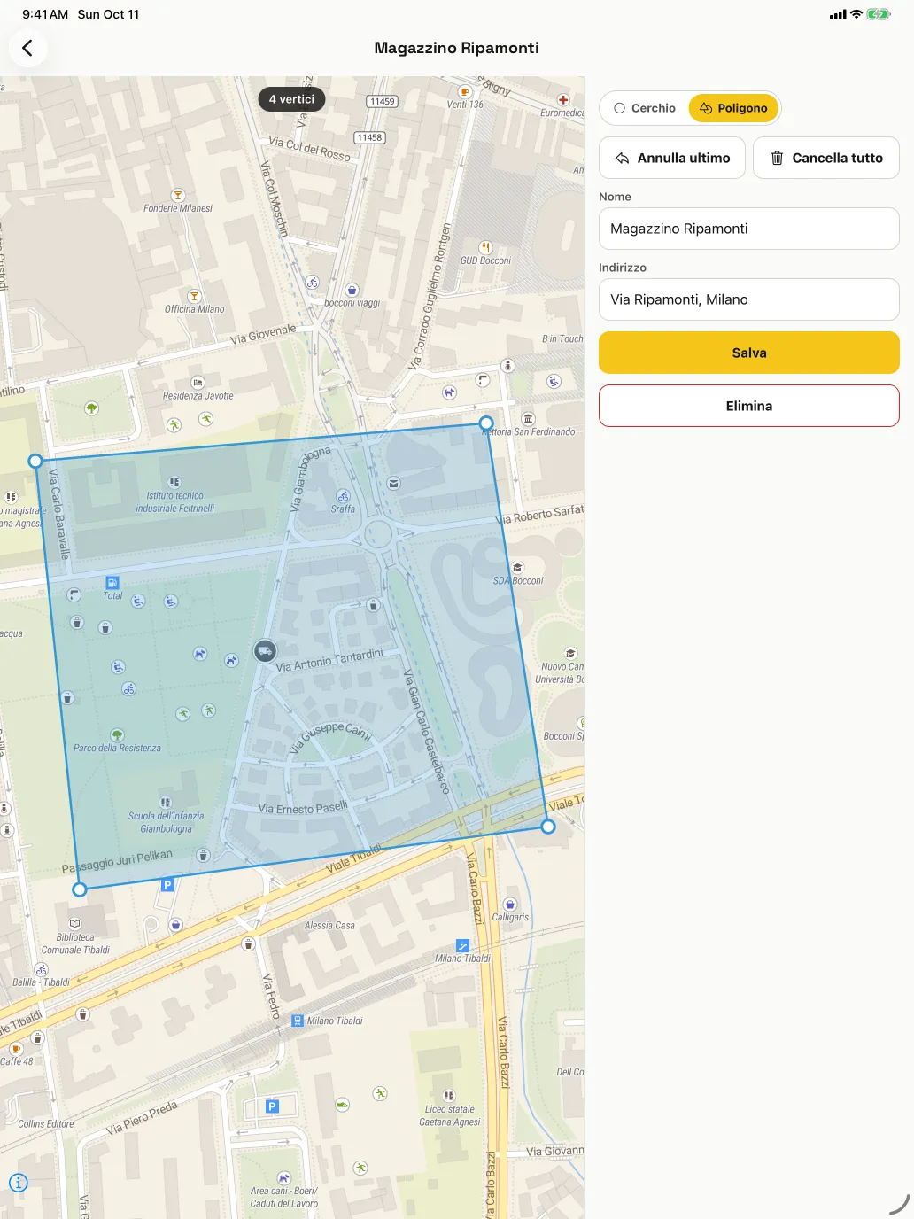 Aree: Geofence disegnate come cerchio o poligono attorno a un deposito, un cantiere o un cliente.