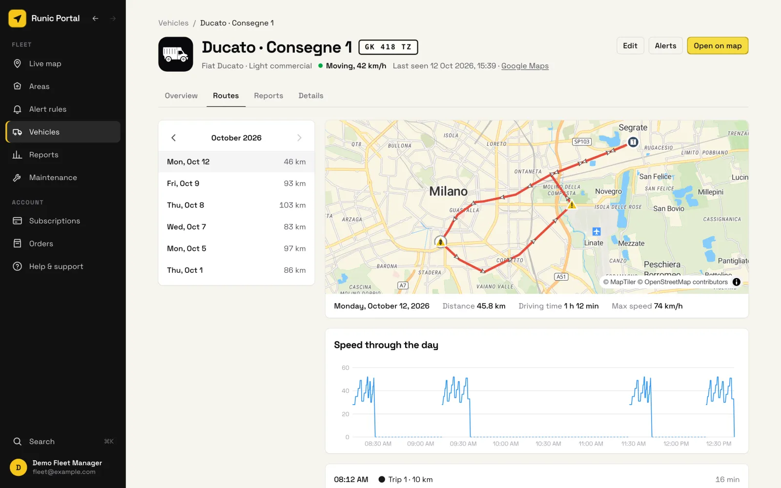 Trip history: Any past day replayed on the map, with stops, distance, driving and idle time, and maximum and average speed.