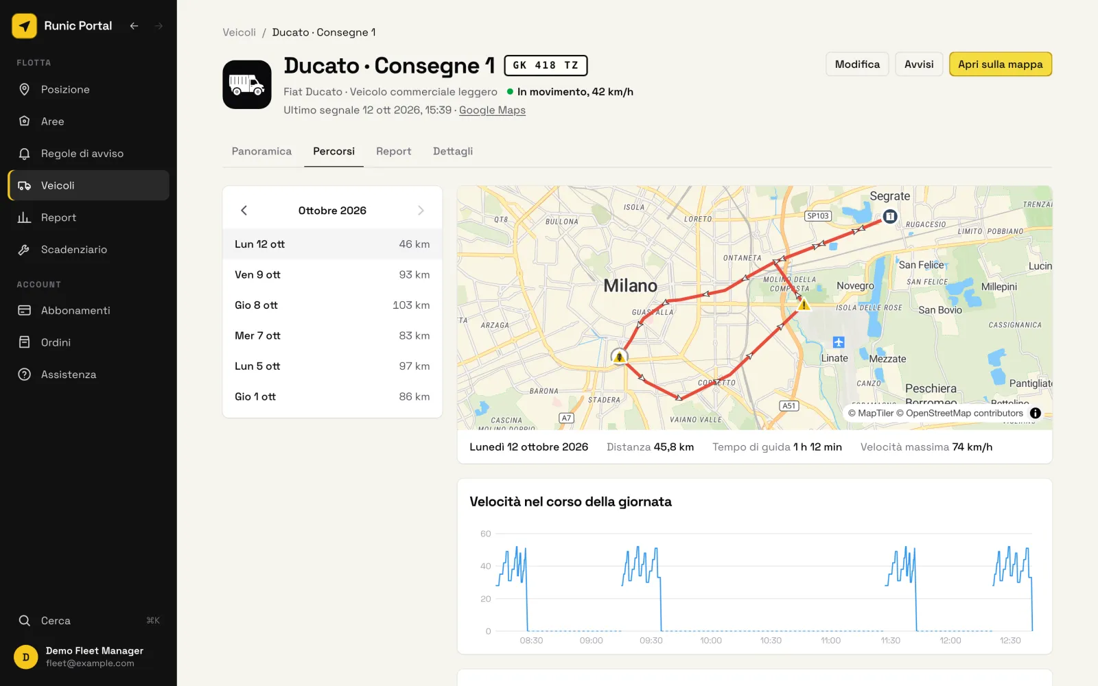 Storico viaggi: Qualsiasi giorno passato ripercorso sulla mappa, con soste, distanza, tempo di guida e al minimo, velocità massima e media.